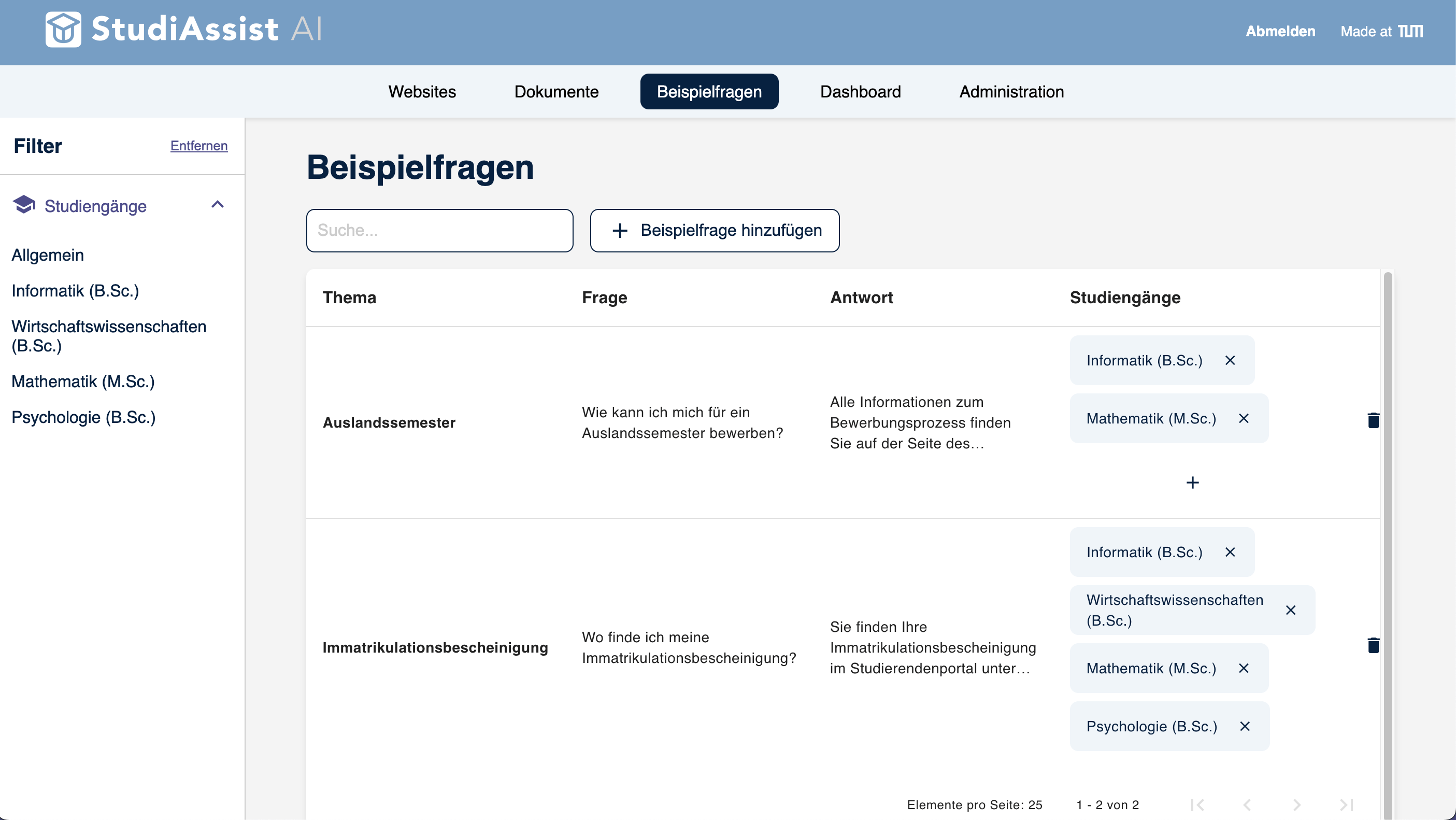 StudiAssist Knowledge Manager Screenshot mit FAQ-Übersicht und Hinzufügen-Funktion